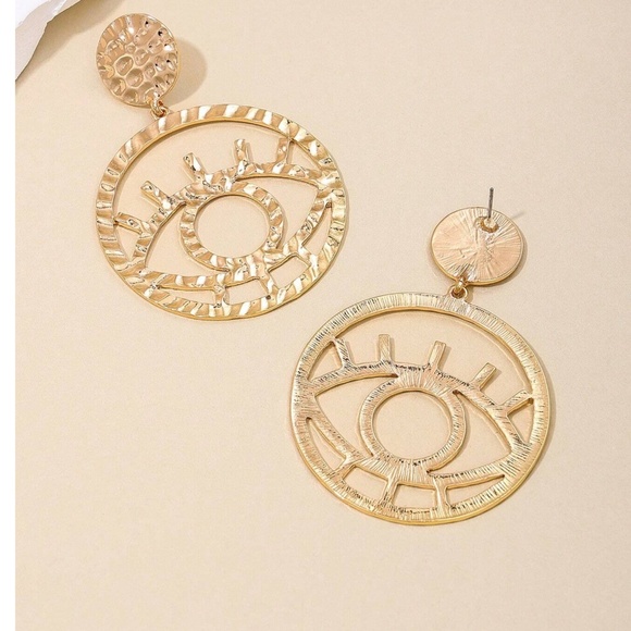 Luxe Gold Tone Stainless Steel Evil Eye Statement Earrings - Picture 2 of 3